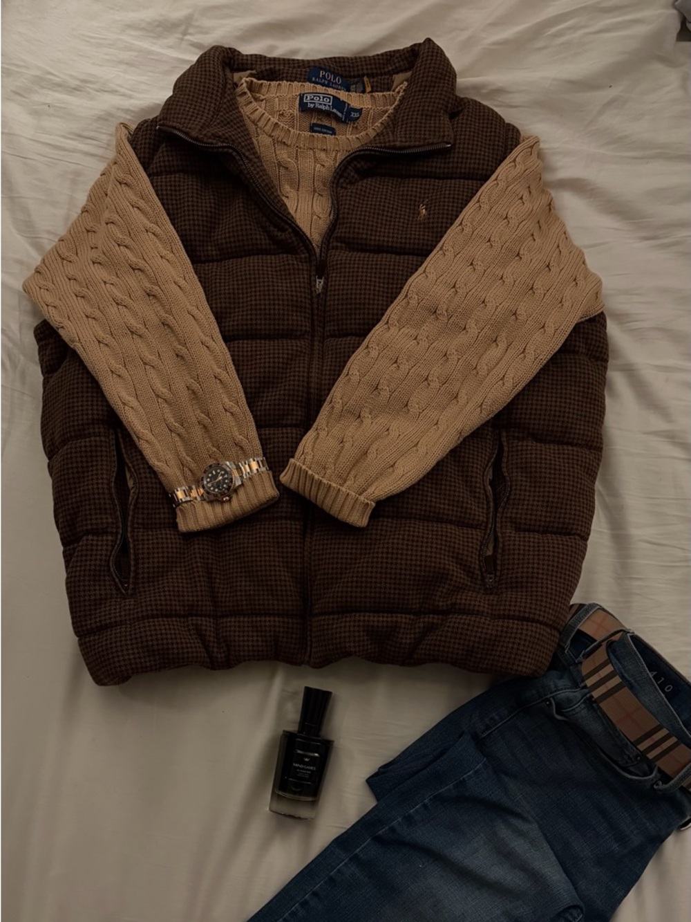 Ralph Lauren Brown Quilted Houndstooth Puffer Vest